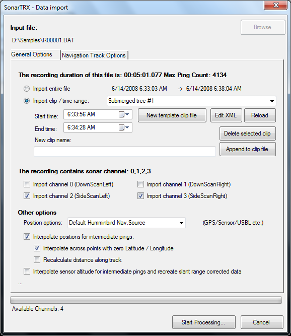 SonarTRX import dialog